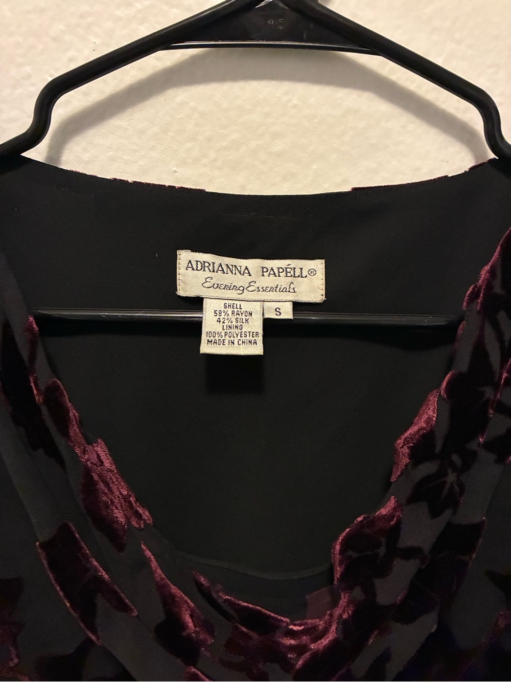 Adrianna Papell Black Top with Deep Burgundy Velvet Floral Burnout Silk Blend - Picture 3 of 5